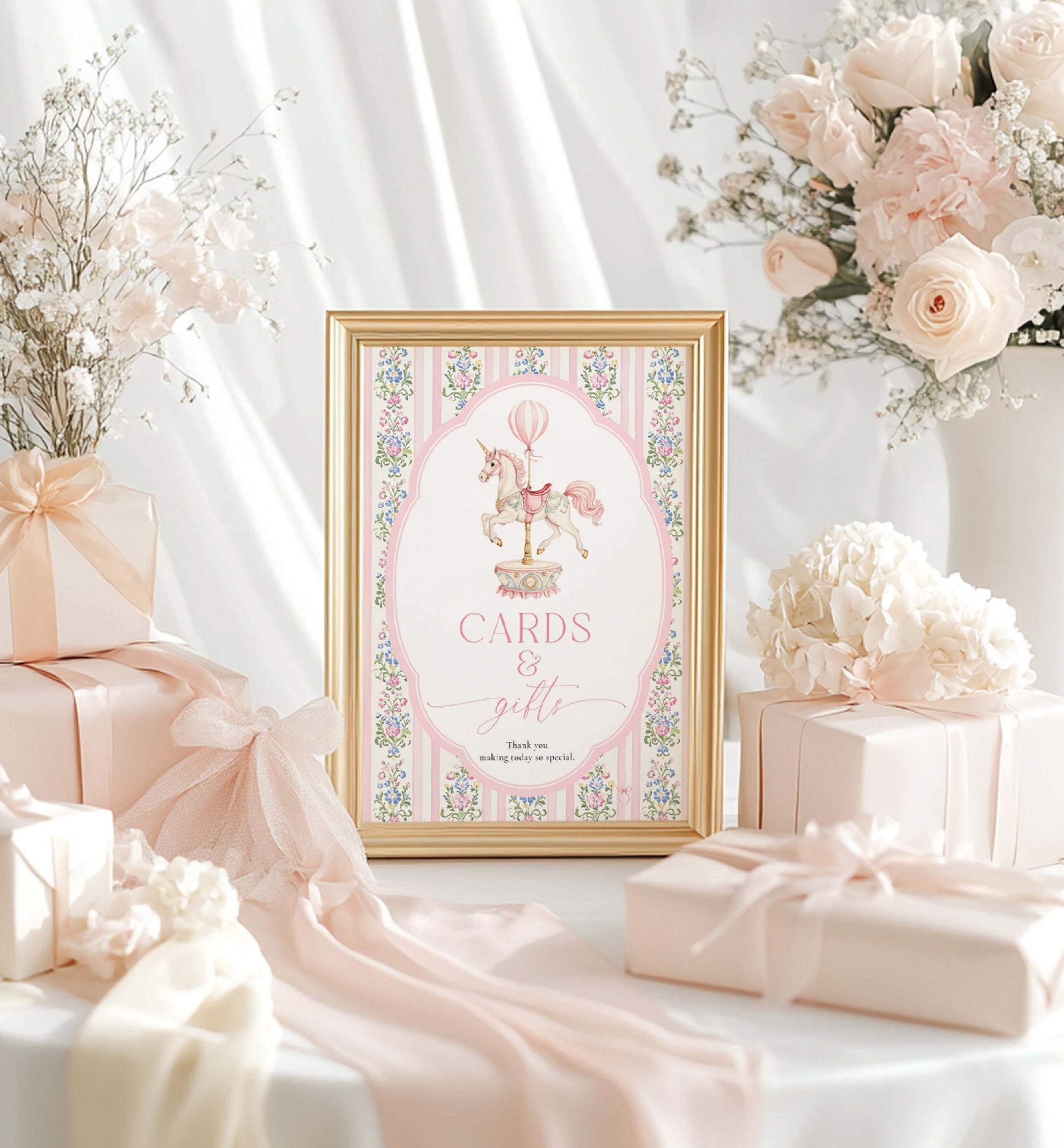 Printable Cards and Gifts Sign, Vintage Carousel Unicorn Horse, Present Table Sign, Girl Baby Shower Sign, First Birthday Gift Table Sign