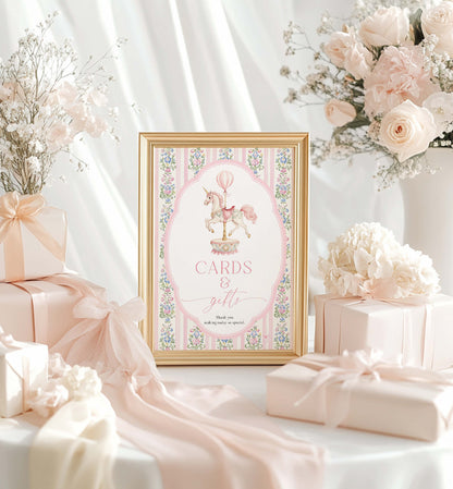 Printable Cards and Gifts Sign, Vintage Carousel Unicorn Horse, Present Table Sign, Girl Baby Shower Sign, First Birthday Gift Table Sign