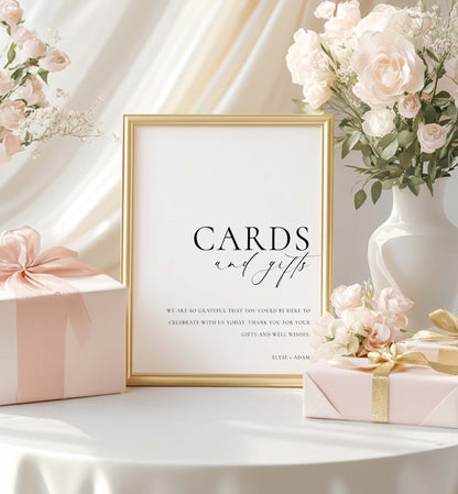 Decorative table setting with a 'Cards and gifts' sign, flowers, and gift boxes. Cards and Gifts Sign, Minimalist Wedding Present Table Sign, Printable Wedding Gifts Sign, Modern Baby Shower Cards & Gifts Sign, Ellesmere