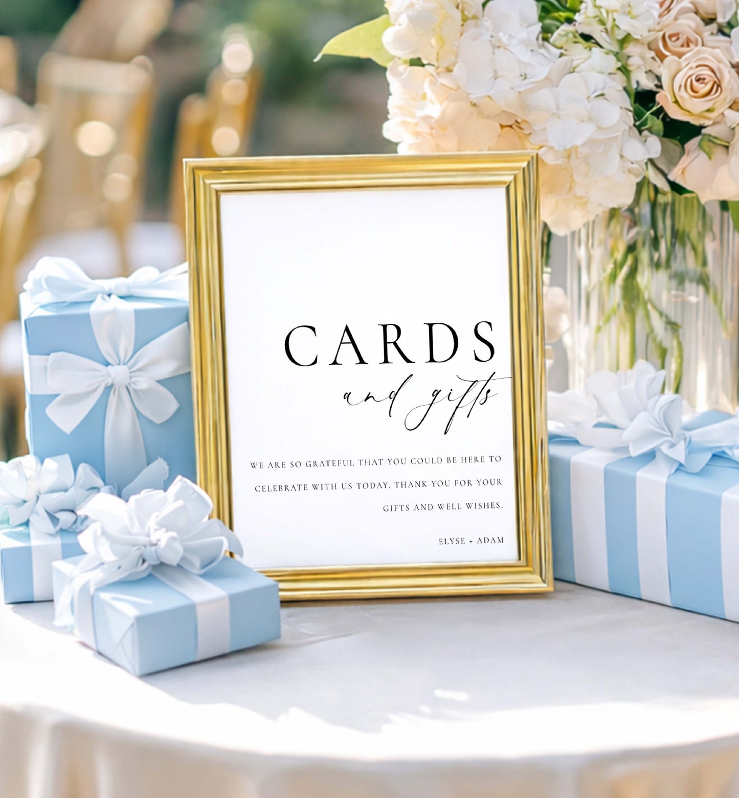 Gold-framed 'Cards and Gifts' sign with blue gift boxes and flowers on a table. Cards and Gifts Sign, Minimalist Wedding Present Table Sign, Printable Wedding Gifts Sign, Modern Baby Shower Cards & Gifts Sign, Ellesmere