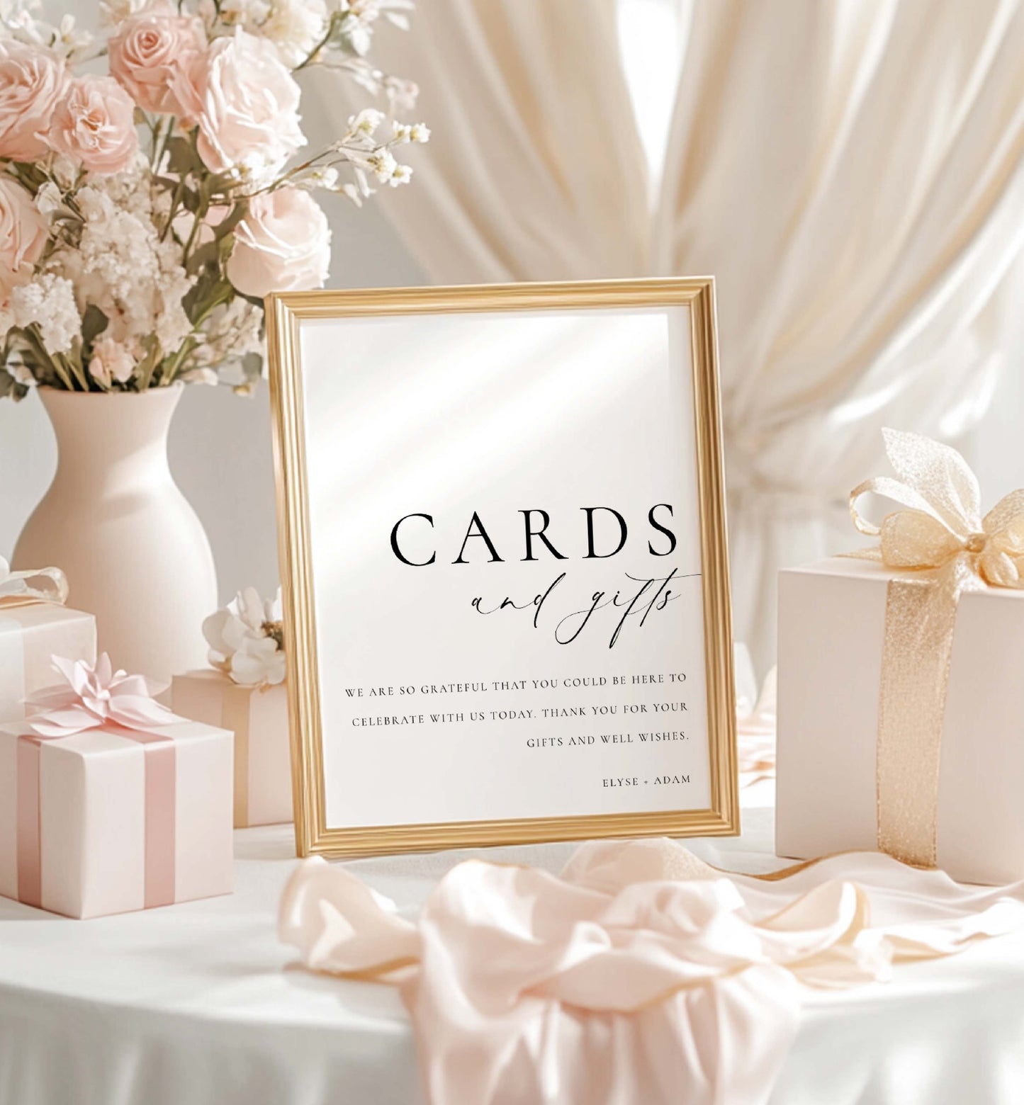 Framed 'Cards and gifts' sign on a table with flowers and gift boxes. Cards and Gifts Sign, Minimalist Wedding Present Table Sign, Printable Wedding Gifts Sign, Modern Baby Shower Cards & Gifts Sign, Ellesmere
