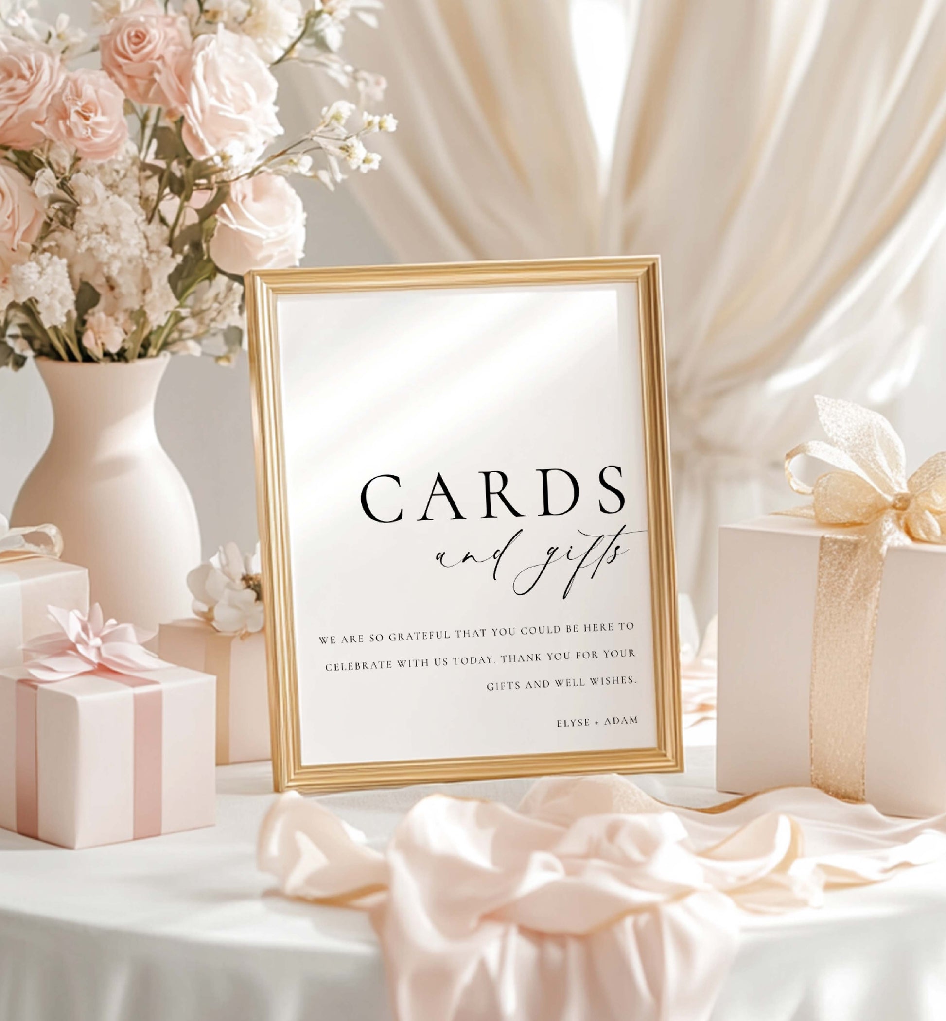 Framed 'Cards and gifts' sign on a table with flowers and gift boxes. Cards and Gifts Sign, Minimalist Wedding Present Table Sign, Printable Wedding Gifts Sign, Modern Baby Shower Cards & Gifts Sign, Ellesmere