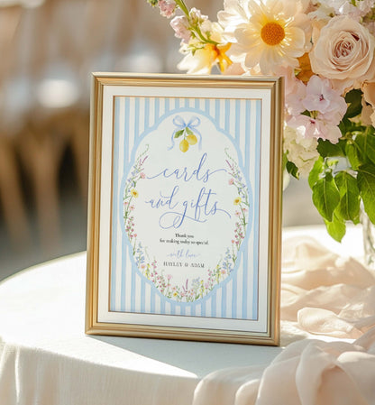 Printable Cards and Gifts Sign Template, Blue Bow Ribbon, Spring Wildflower, Baby Shower Present Table Sign, Bridal Shower Gift Sign, Posey