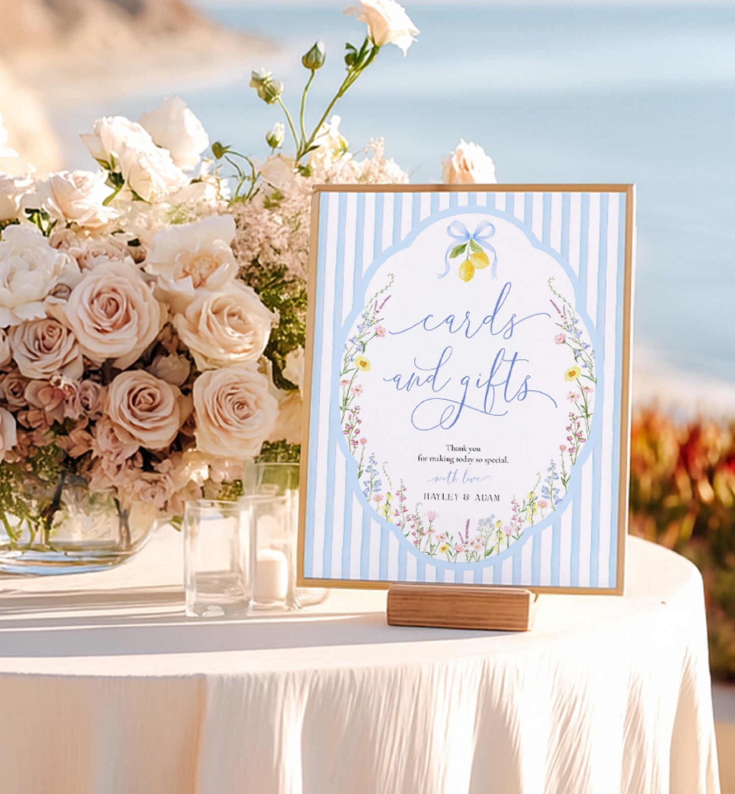 Decorative sign for cards and gifts with floral design on a table with flowers and candles. Printable Cards and Gifts Sign Template, Blue Bow Ribbon, Spring Wildflower, Baby Shower Present Table Sign, Bridal Shower Gift Sign, Posey