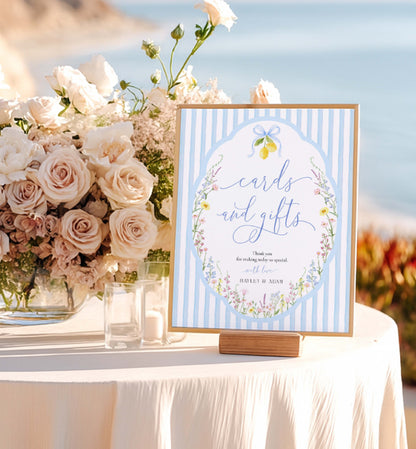 Decorative sign for cards and gifts with floral design on a table with flowers and candles. Printable Cards and Gifts Sign Template, Blue Bow Ribbon, Spring Wildflower, Baby Shower Present Table Sign, Bridal Shower Gift Sign, Posey