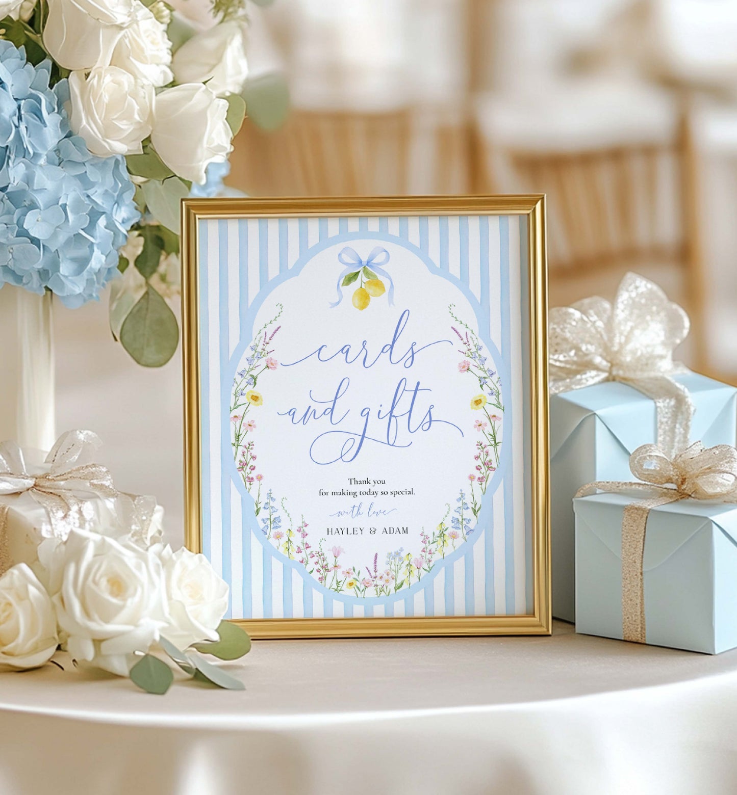 Decorative sign with 'cards and gifts' text, surrounded by flowers and gift boxes. Printable Cards and Gifts Sign Template, Blue Bow Ribbon, Spring Wildflower, Baby Shower Present Table Sign, Bridal Shower Gift Sign, Posey