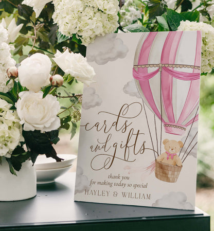 Printable Cards and Gifts Sign Template, Bearly Wait Teddy Bear Pink Hot Air Balloon, Girl Baby Shower Present Table Sign
