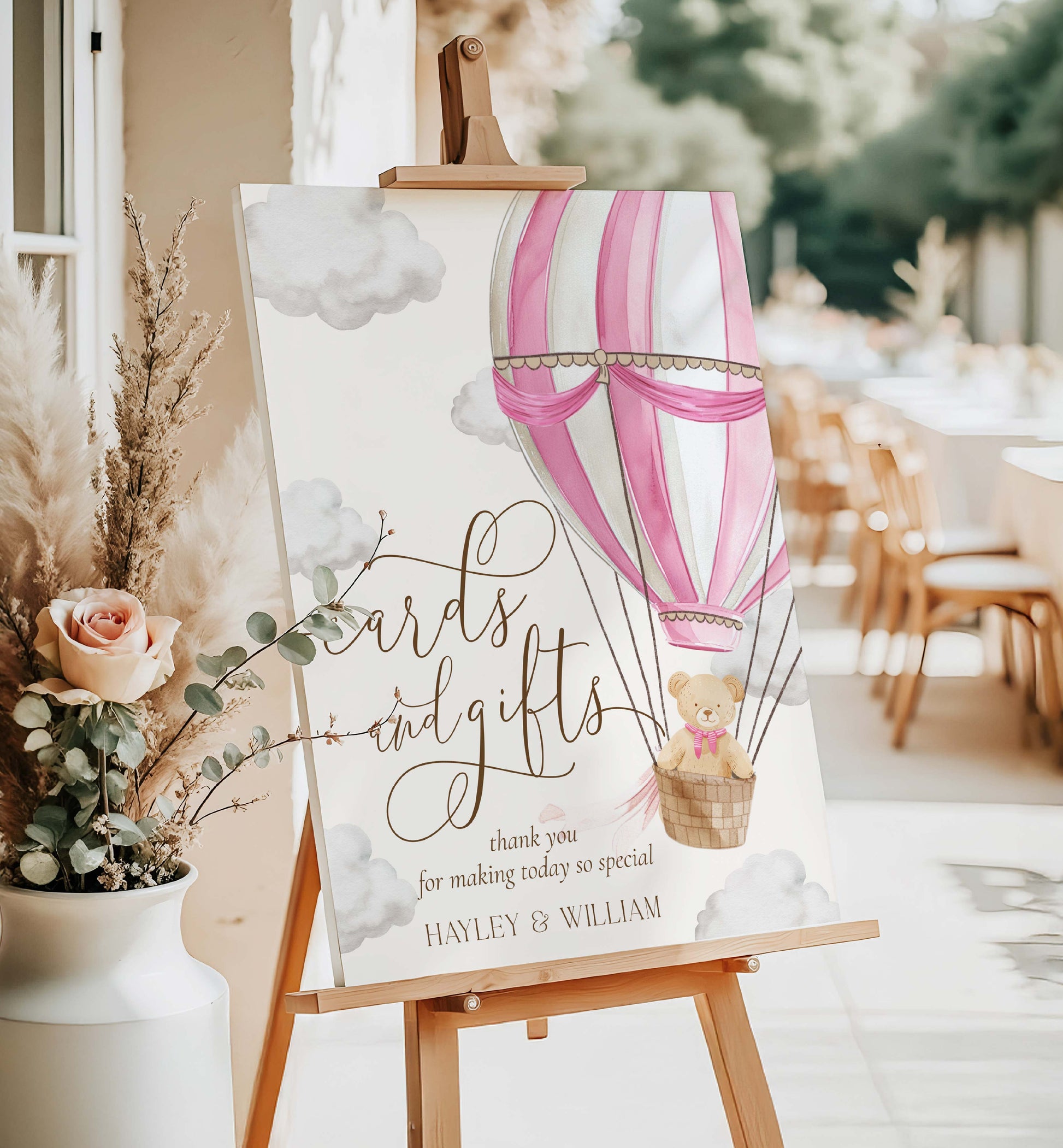 Printable Cards and Gifts Sign Template, Bearly Wait Teddy Bear Pink Hot Air Balloon, Girl Baby Shower Present Table Sign