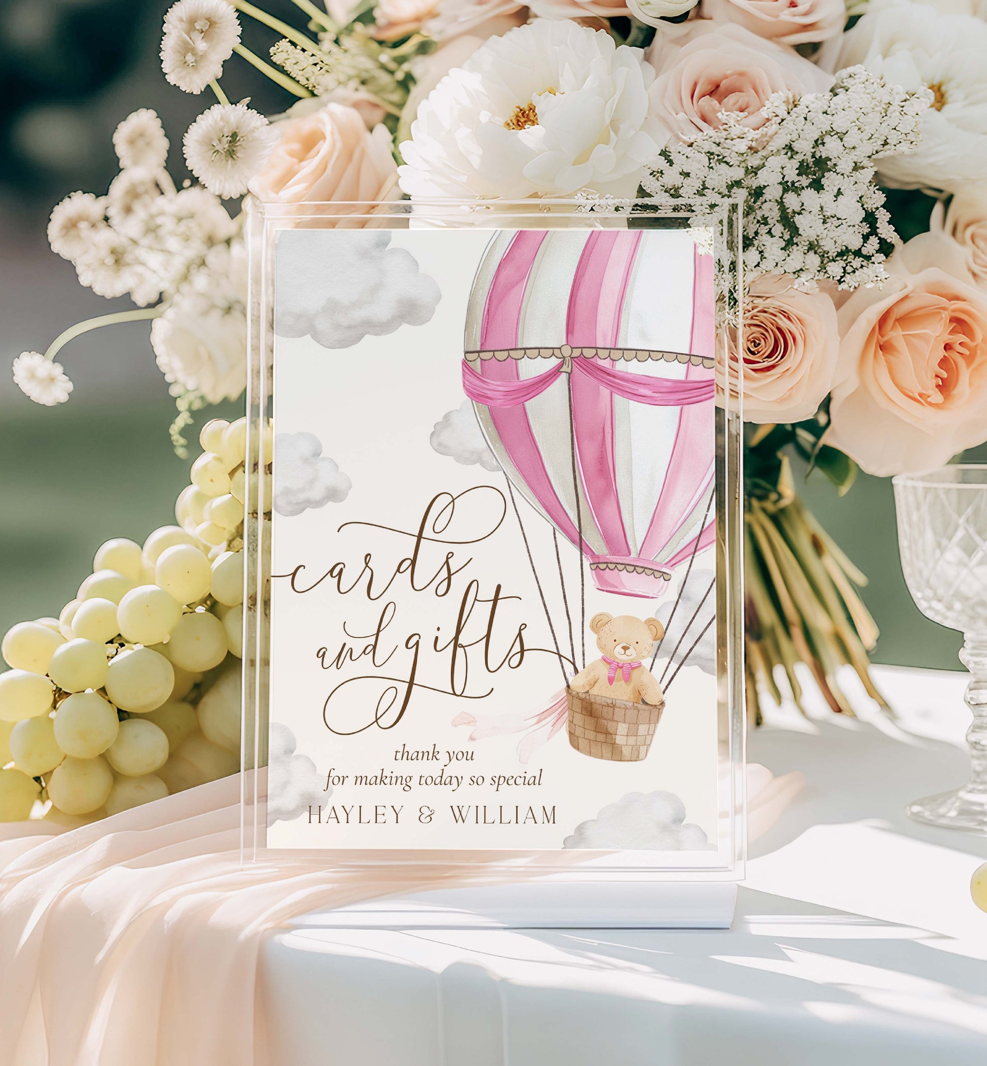 Printable Cards and Gifts Sign Template, Bearly Wait Teddy Bear Pink Hot Air Balloon, Girl Baby Shower Present Table Sign