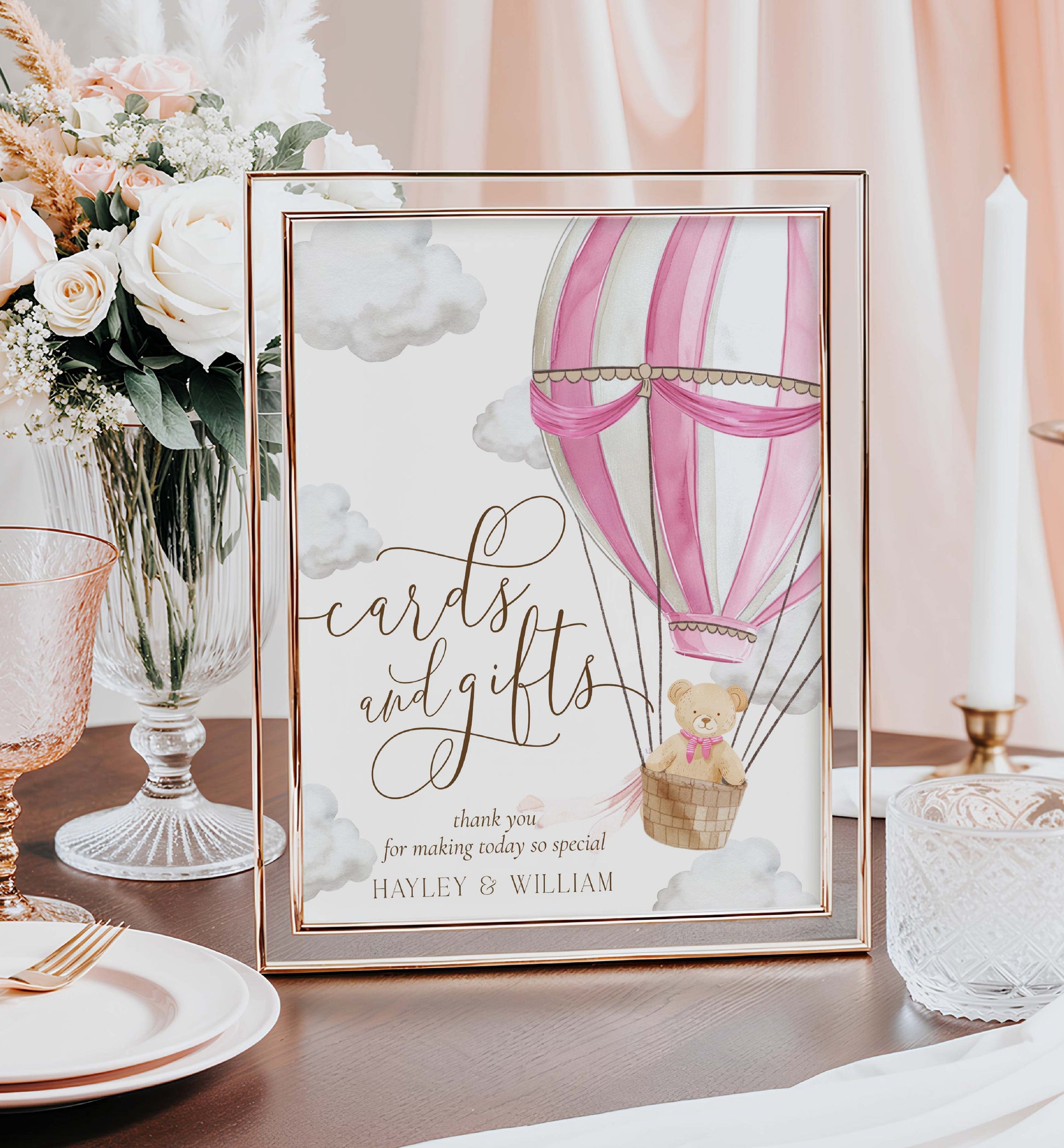 Printable Cards and Gifts Sign Template, Bearly Wait Teddy Bear Pink Hot Air Balloon, Girl Baby Shower Present Table Sign