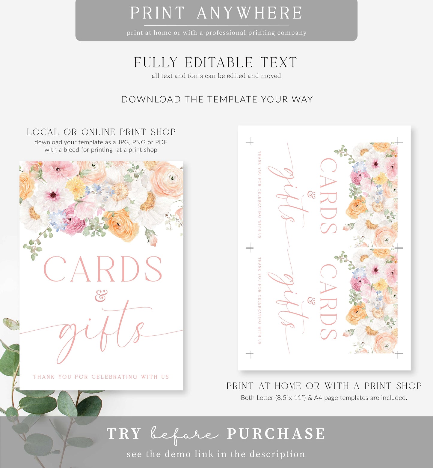 Millie Floral | Printable Cards and Gifts Sign Template