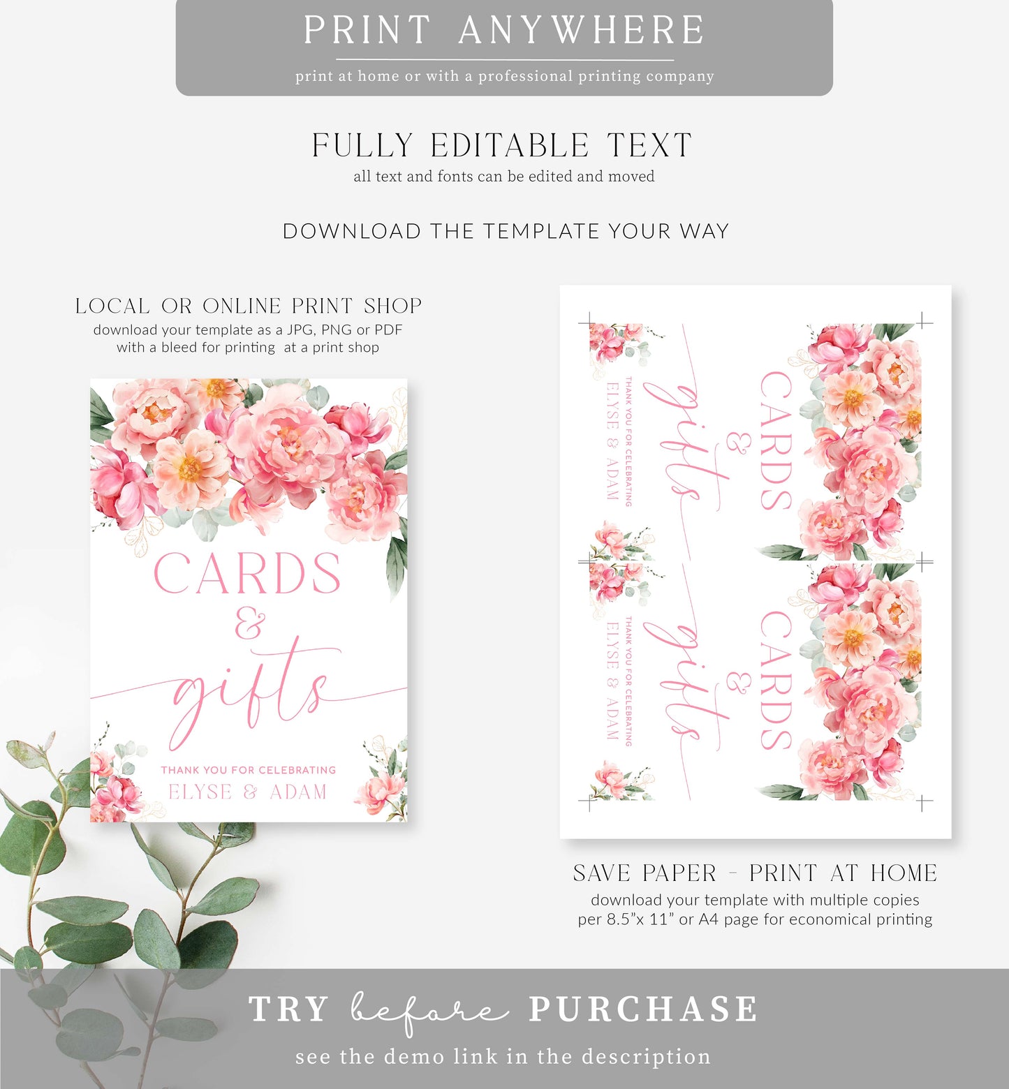 Piper Floral White | Printable Cards and Gifts Sign Template