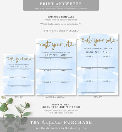 Watercolour Blue | Printable Baby Name Voting Game Sign Template