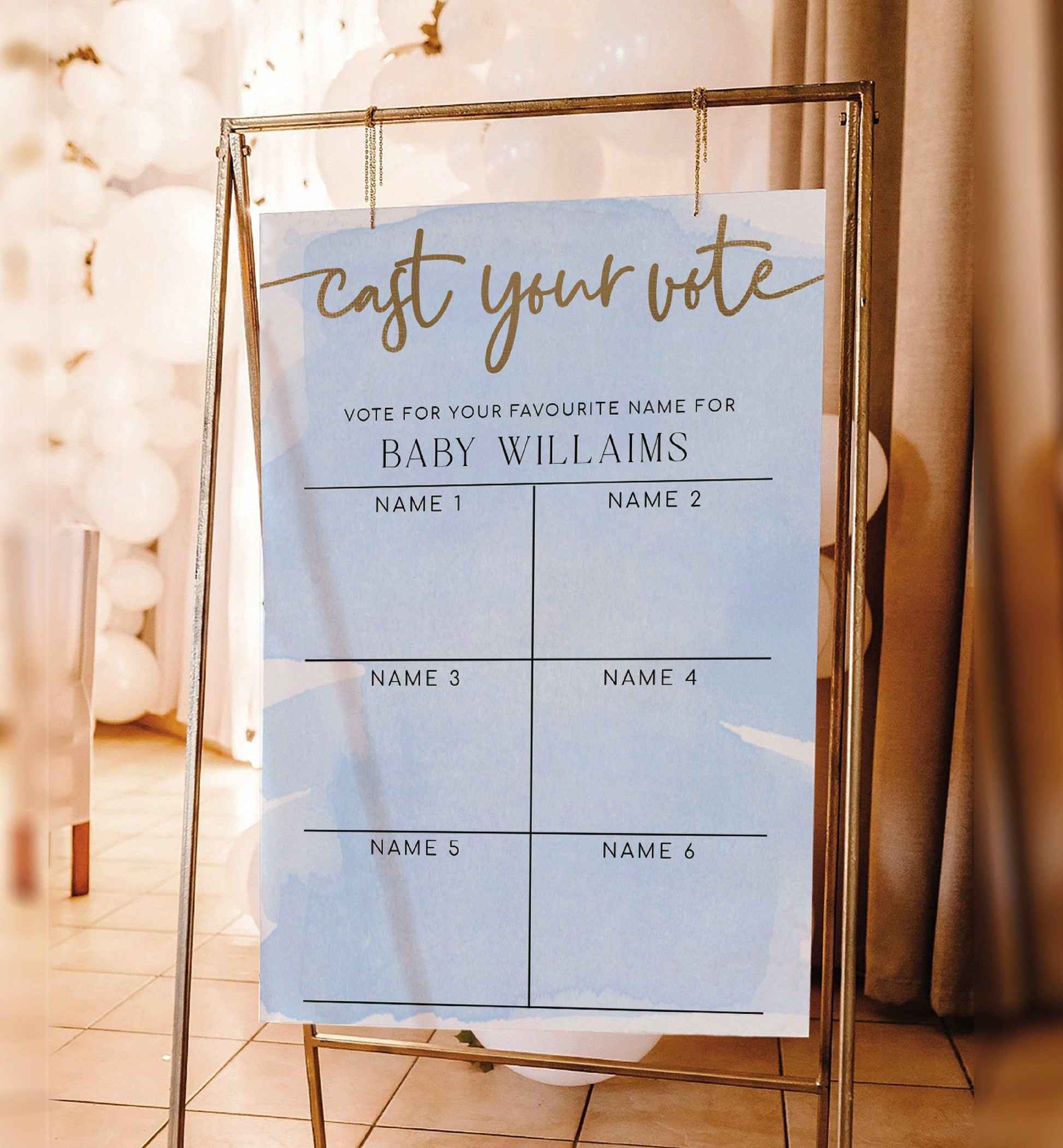 Cast Your Vote Baby Name Voting Poster Template, Blue Watercolour Guess The Baby Name Voting Sign, Printable Boy Baby Shower Game Sign