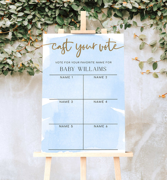 Cast Your Vote Baby Name Voting Poster Template, Blue Watercolour Guess The Baby Name Voting Sign, Printable Boy Baby Shower Game Sign