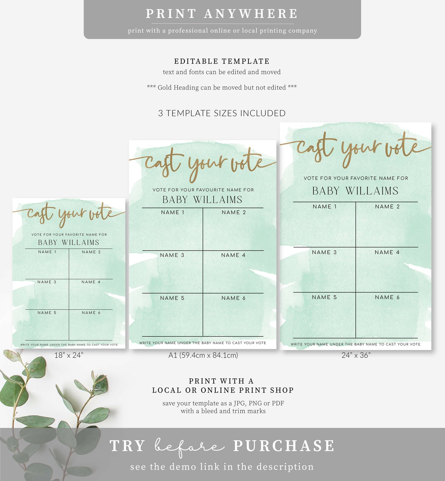 Watercolour Green | Printable Baby Name Voting Game Sign Template
