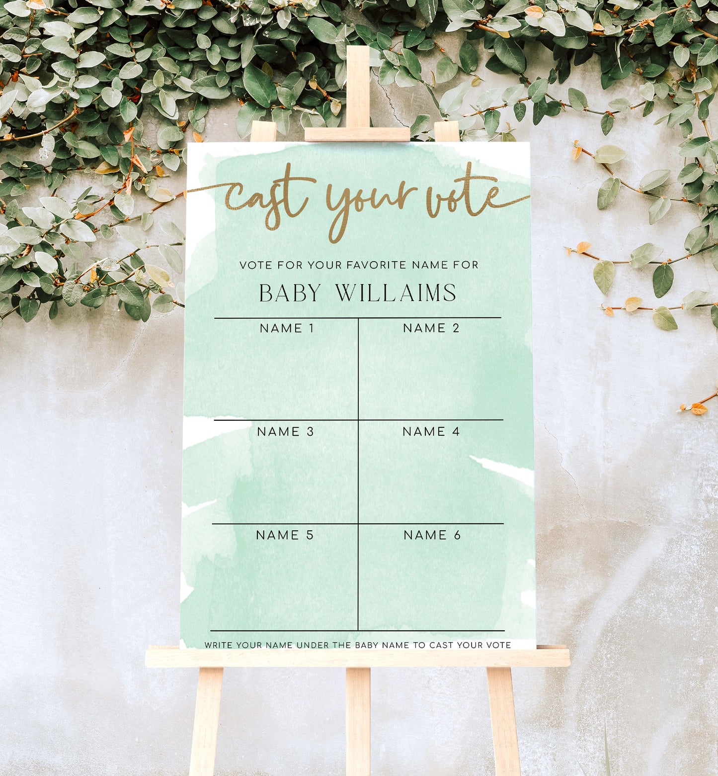 Cast Your Vote Baby Name Voting Poster Template, Green Watercolour Guess The Baby Name Voting Sign, Printable Gender Neutral Baby Shower Game Sign