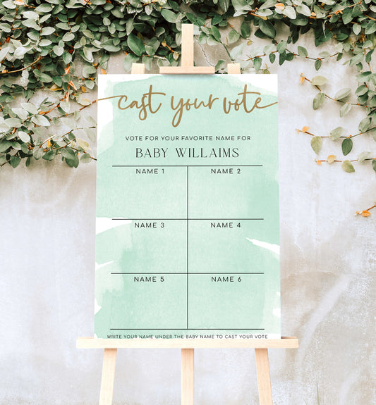Cast Your Vote Baby Name Voting Poster Template, Green Watercolour Guess The Baby Name Voting Sign, Printable Gender Neutral Baby Shower Game Sign