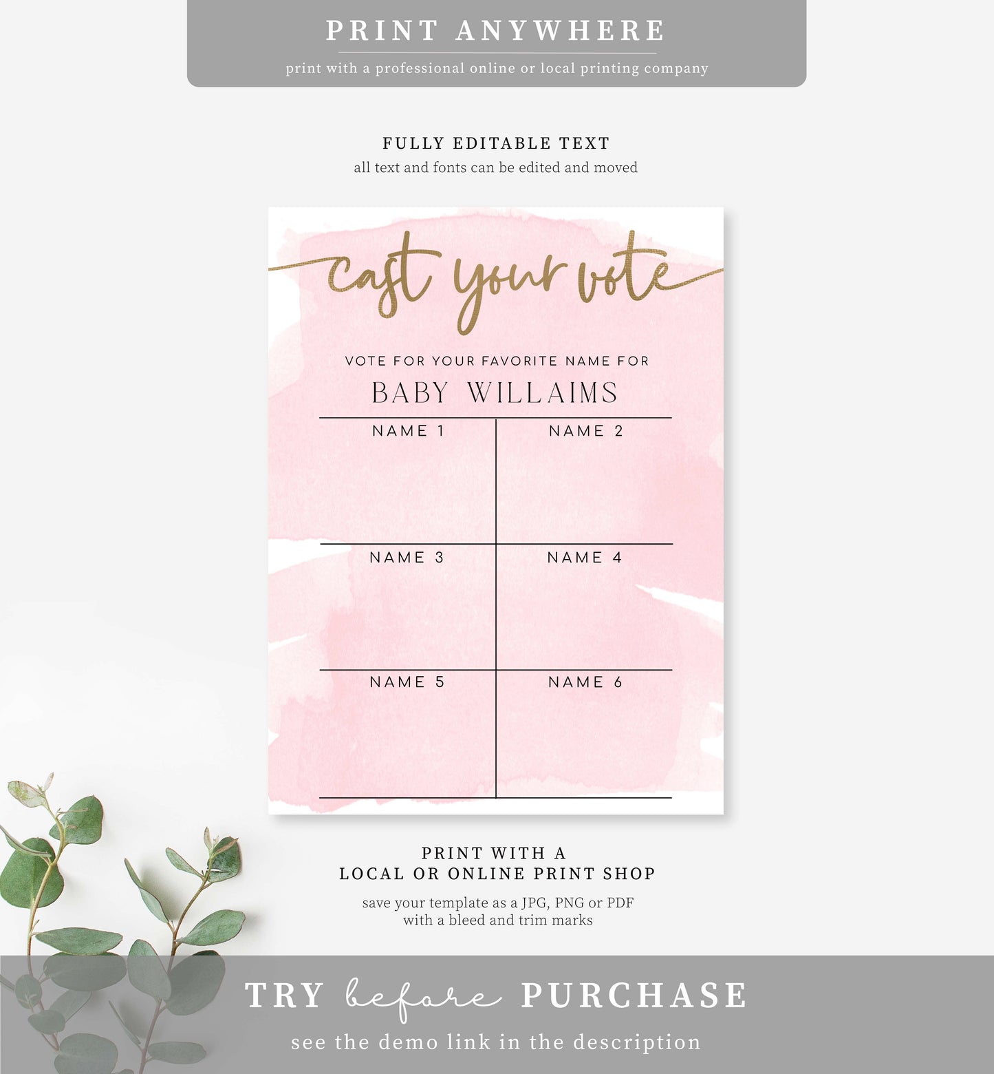 Watercolour Pink | Printable Baby Name Voting Game Sign Template