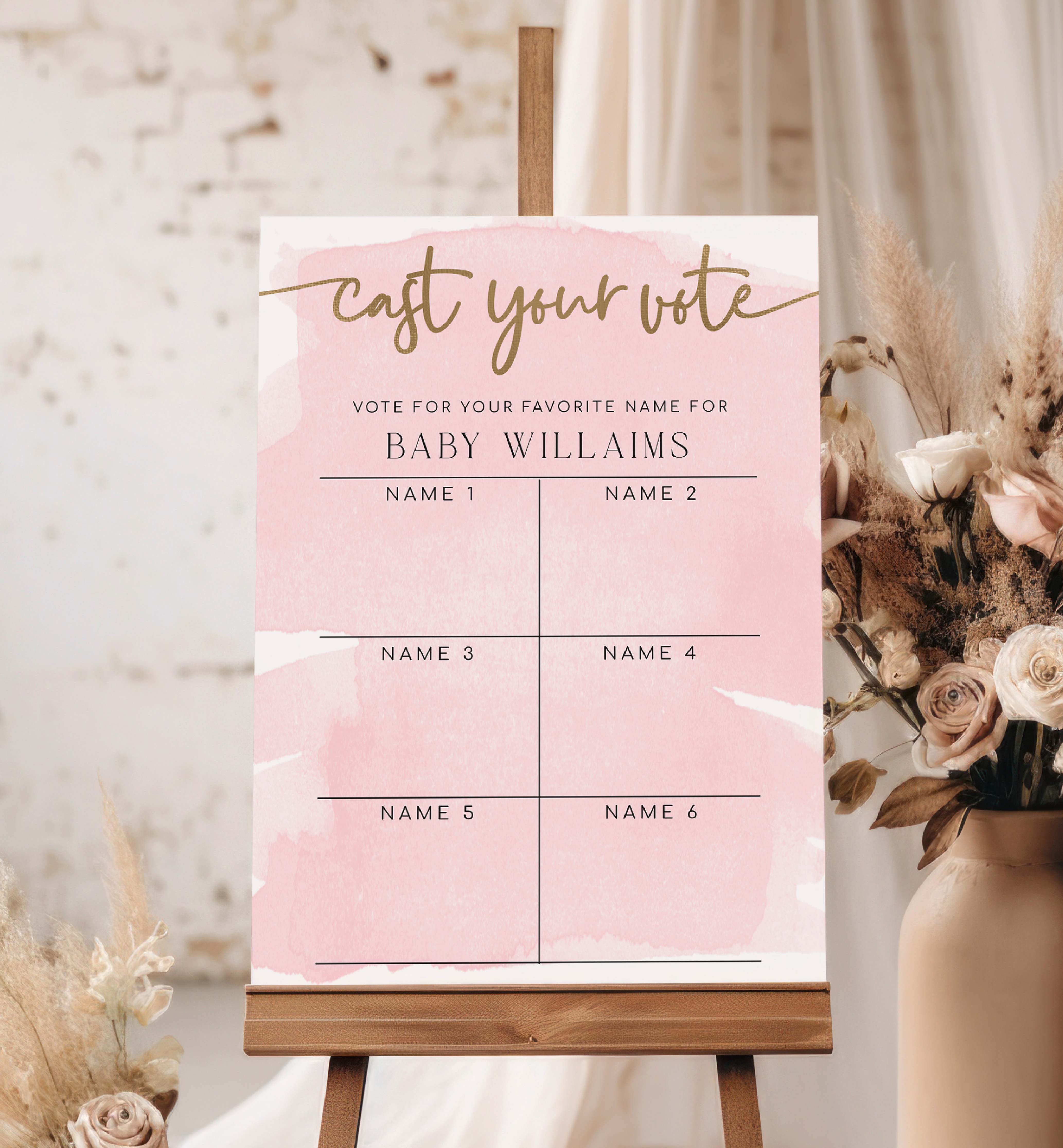 Watercolour Pink | Printable Baby Name Voting Game Sign Template ...