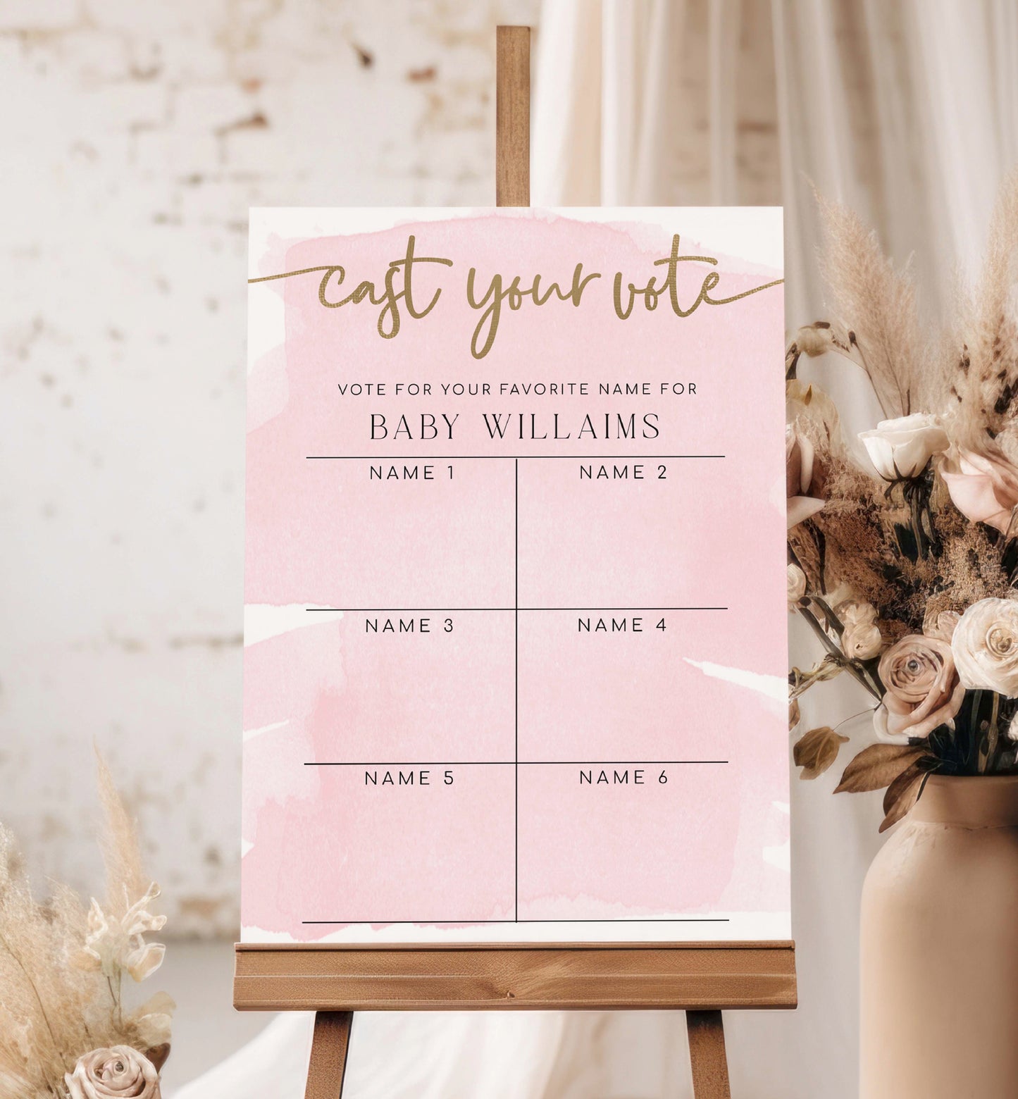 Cast Your Vote Baby Name Voting Poster Template, Pink Watercolour Guess The Baby Name Voting Sign, Printable Girl Baby Shower Game Sign