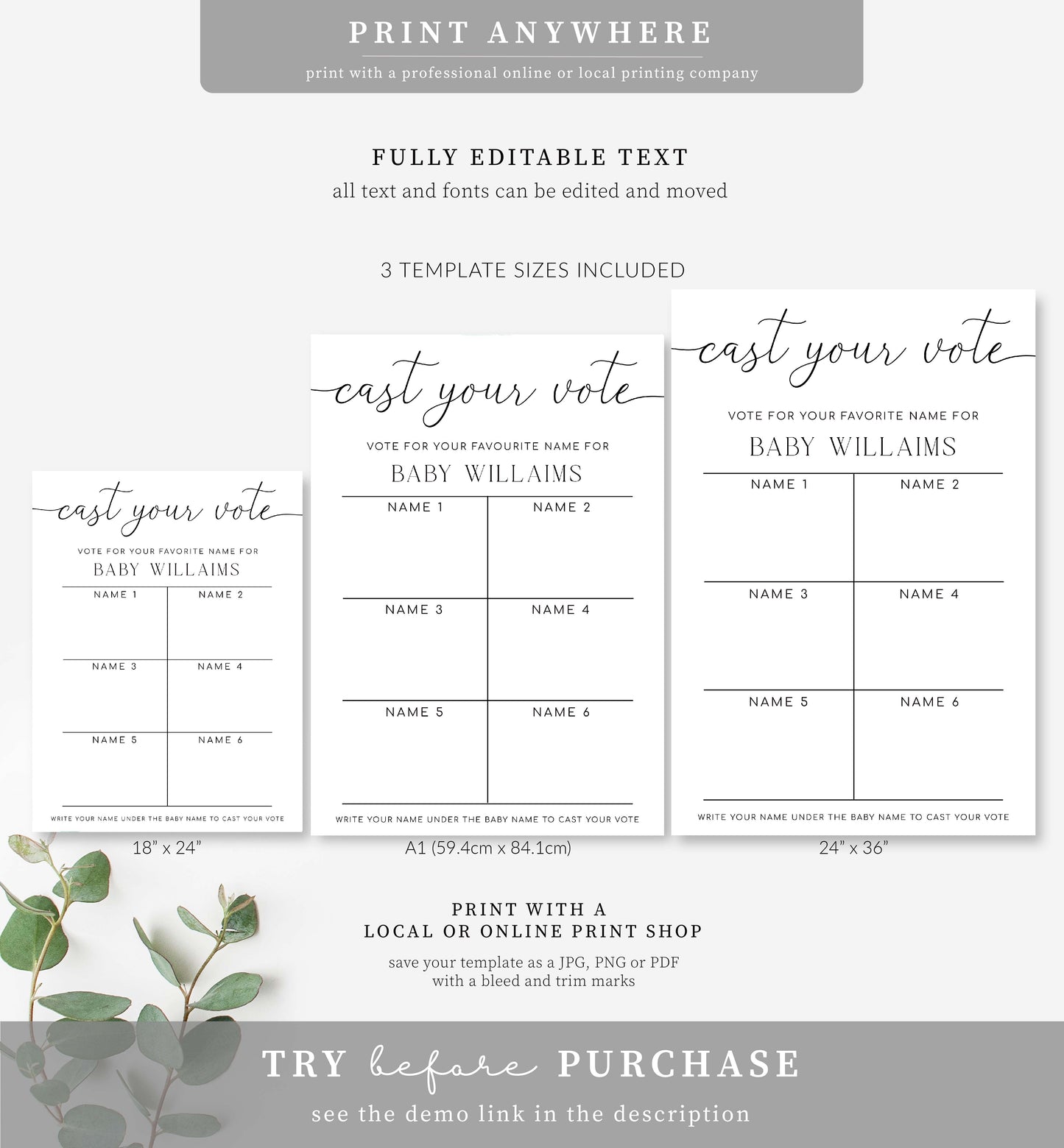 Quinn Script | Printable Baby Name Voting Game Sign Template