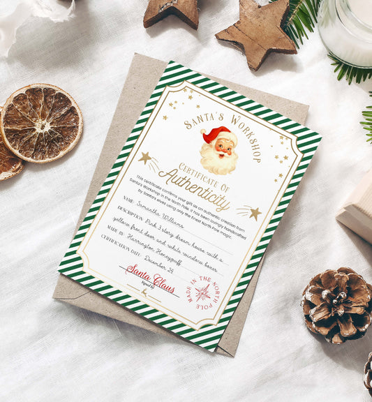 Christmas-themed certificate of authenticity with Santa Claus on a snowy background. Printable Santa’s Toy Workshop Certificate of Authenticity, Christmas Eve Box Gift, Kid's Christmas Gift, Made In The North Pole, Stripe