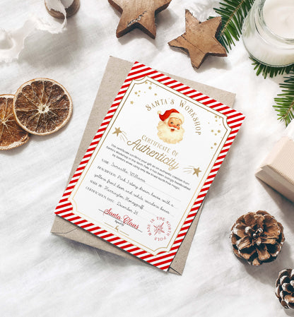 Christmas-themed certificate of authenticity with Santa Claus on a white surface with decorative items. Printable Santa’s Toy Workshop Certificate of Authenticity, Christmas Eve Box Gift, Kid's Christmas Gift, Made In The North Pole, Stripe
