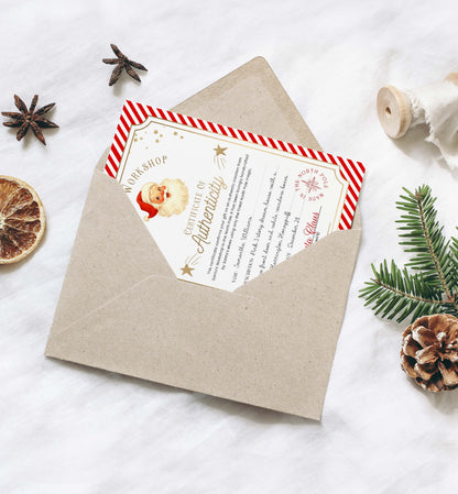 Christmas-themed letter with envelope on a white background with decorative elements. Printable Santa’s Toy Workshop Certificate of Authenticity, Christmas Eve Box Gift, Kid's Christmas Gift, Made In The North Pole, Stripe