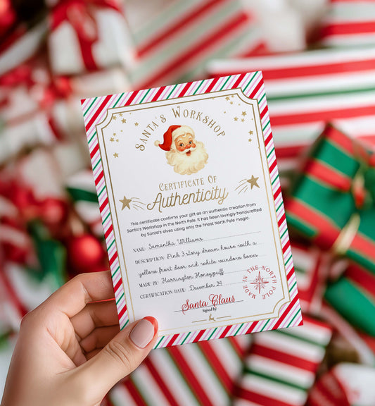 Certificate of Authenticity held by a hand with Christmas-themed background. Printable Santa’s Toy Workshop Certificate of Authenticity, Christmas Eve Box Gift, Kid's Christmas Gift, Made In The North Pole, Stripe