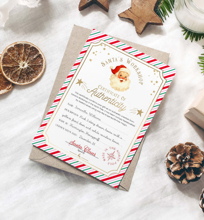 Certificate of Authenticity from Santa's Workshop on a decorative surface with Christmas elements. Printable Santa’s Toy Workshop Certificate of Authenticity, Christmas Eve Box Gift, Kid's Christmas Gift, Made In The North Pole, Stripe