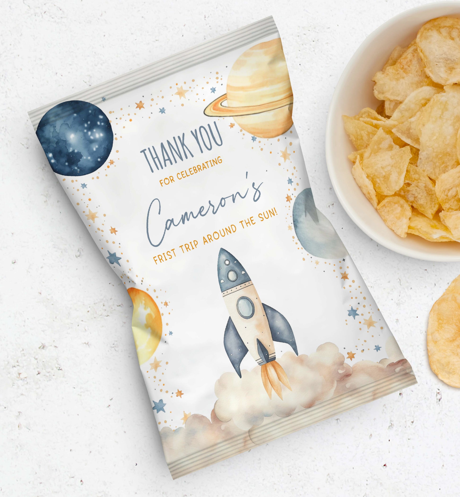 Birthday Party Chip Bag Wrapper Favors, First Trip Around The Sun Birthday Printable Chip Crisp Bag Favors, Outer Space Planets Galaxy Party
