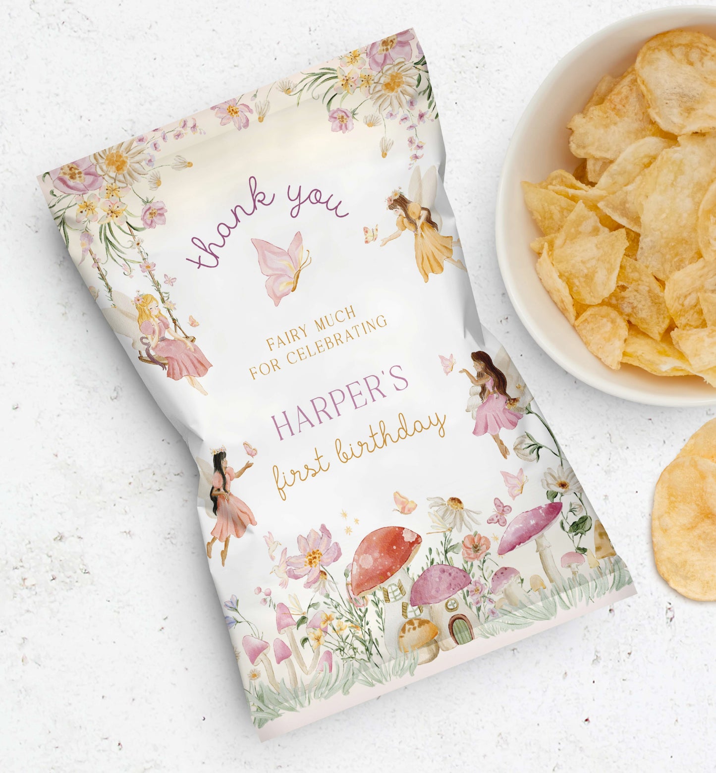 Printable Fairy First Birthday Chip Packet Wrap, Fairy Princess Favor Label, Girl Birthday Thank You Crisp Bag Label, Fairy Garden Tea Party