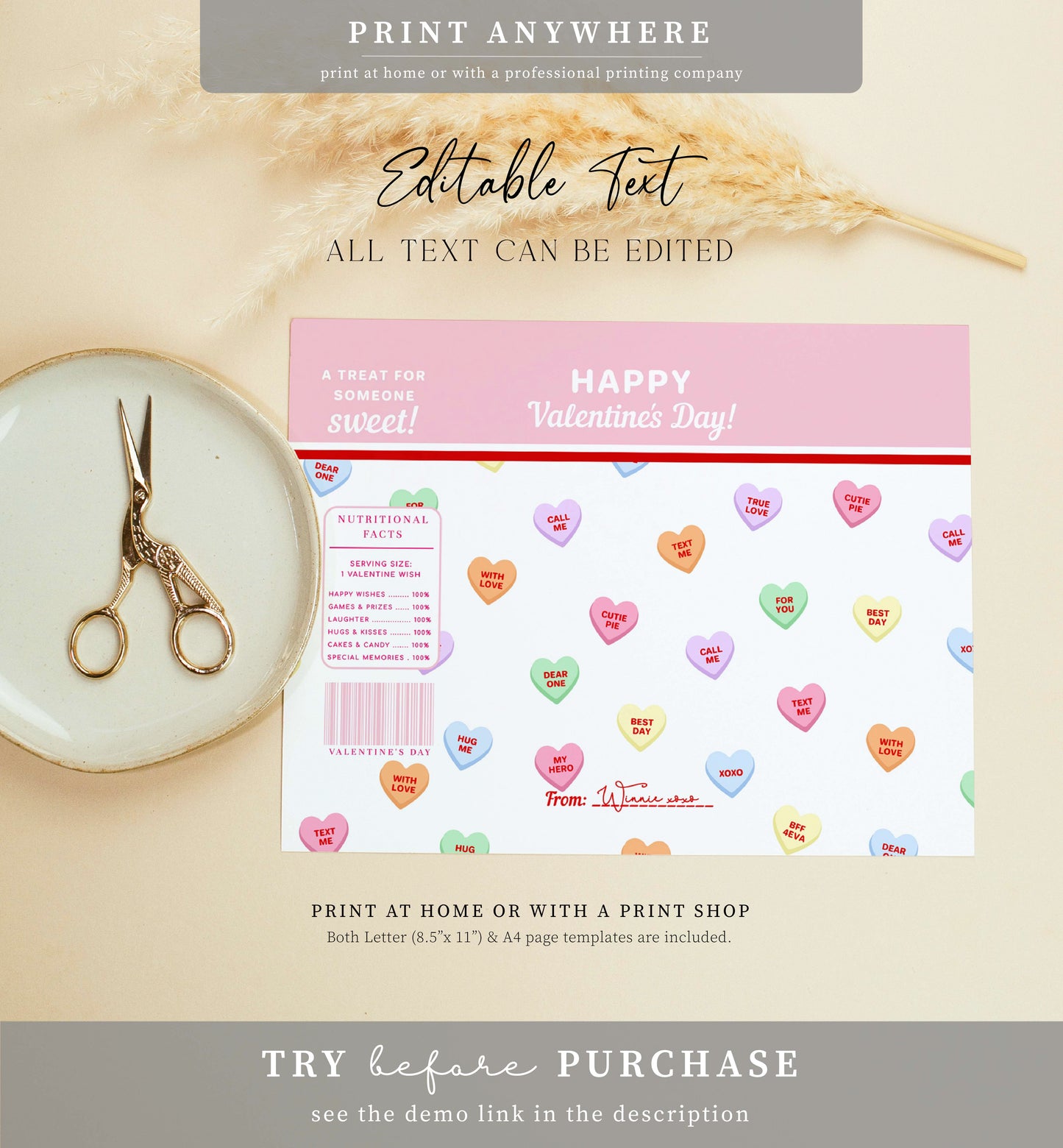 Convo Hearts White | Printable Valentine's Day Chip Bag Favour Template