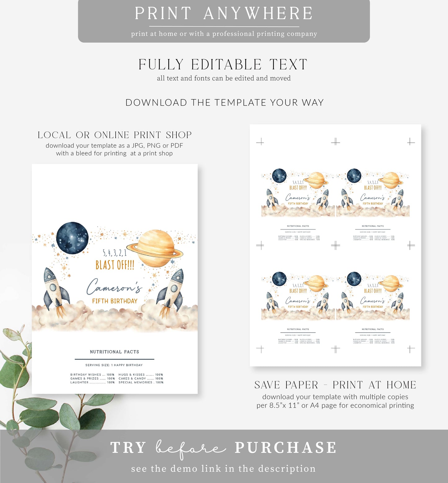 Space White | Printable Birthday Chocolate Bar Favour Wrappers Template
