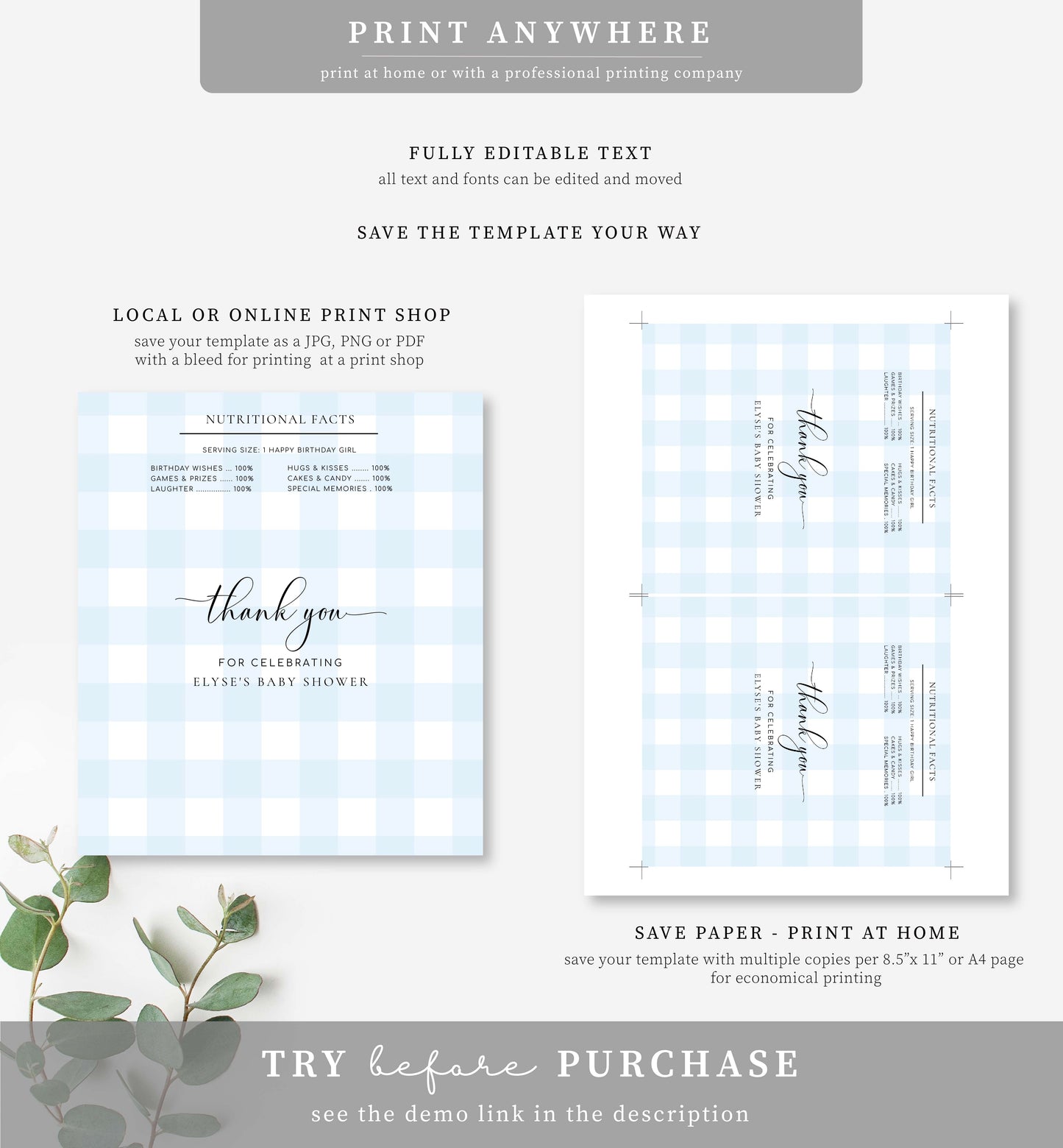 Gingham Blue | Printable Chocolate Bar Favour Wrappers Template