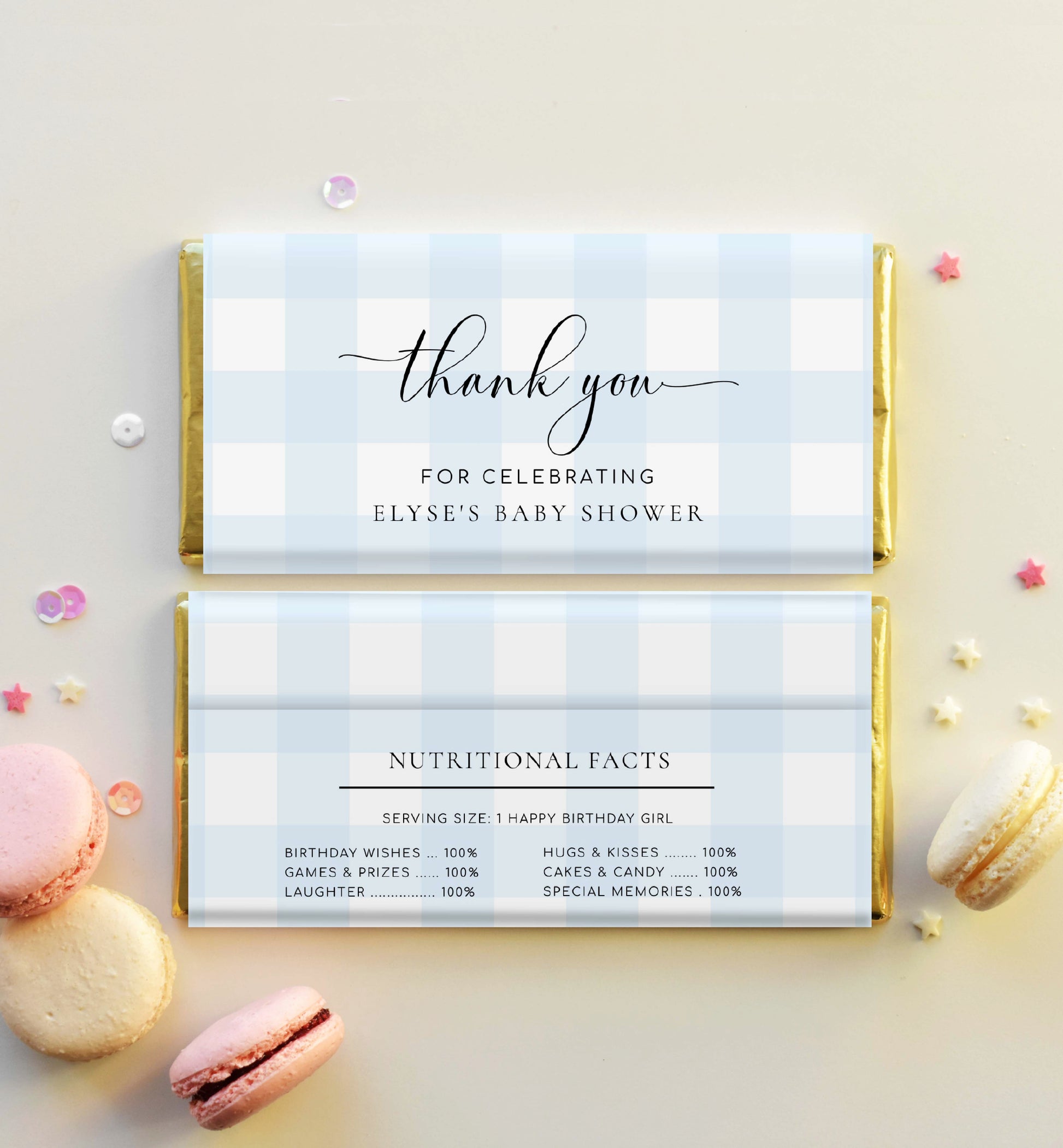 Printable Chocolate Wrapper Template, Blue Gingham Baby Shower Chocolate Thank You Favors, Chocolate Thank You Favour, Boy Baby Shower Favor