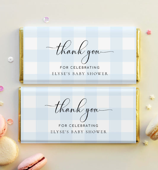 Printable Chocolate Wrapper Template, Blue Gingham Baby Shower Chocolate Thank You Favors, Chocolate Thank You Favour, Boy Baby Shower Favor