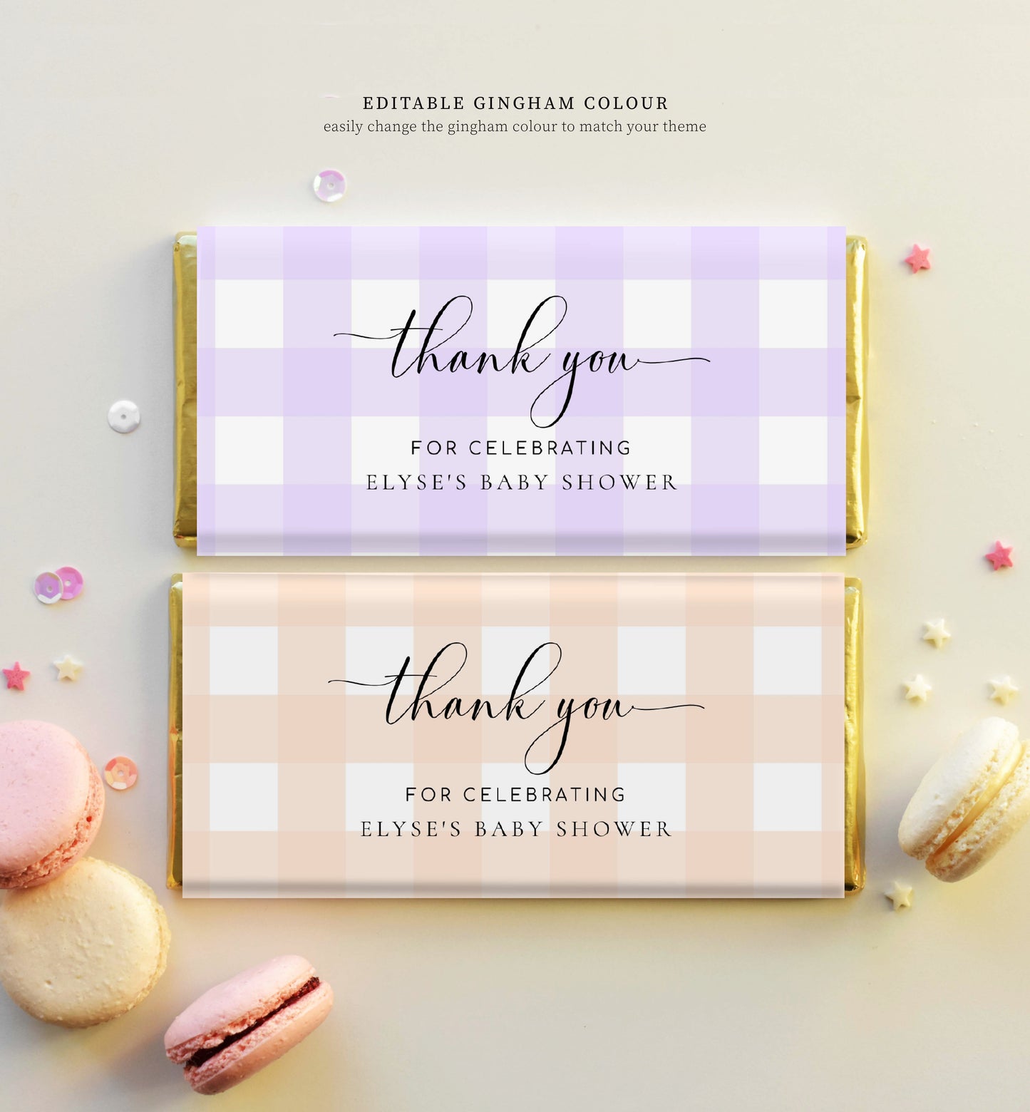 Printable Chocolate Wrapper Template, Blue Gingham Baby Shower Chocolate Thank You Favors, Chocolate Thank You Favour, Boy Baby Shower Favor