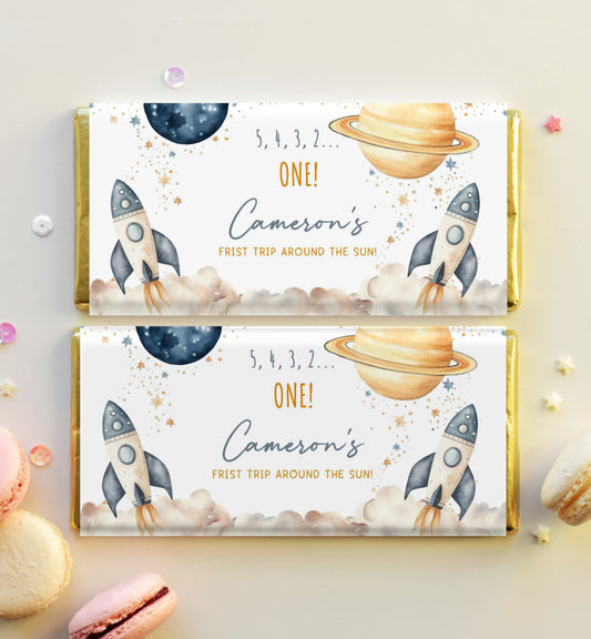 Space White | Printable First Birthday Chocolate Bar Favour Wrappers Template