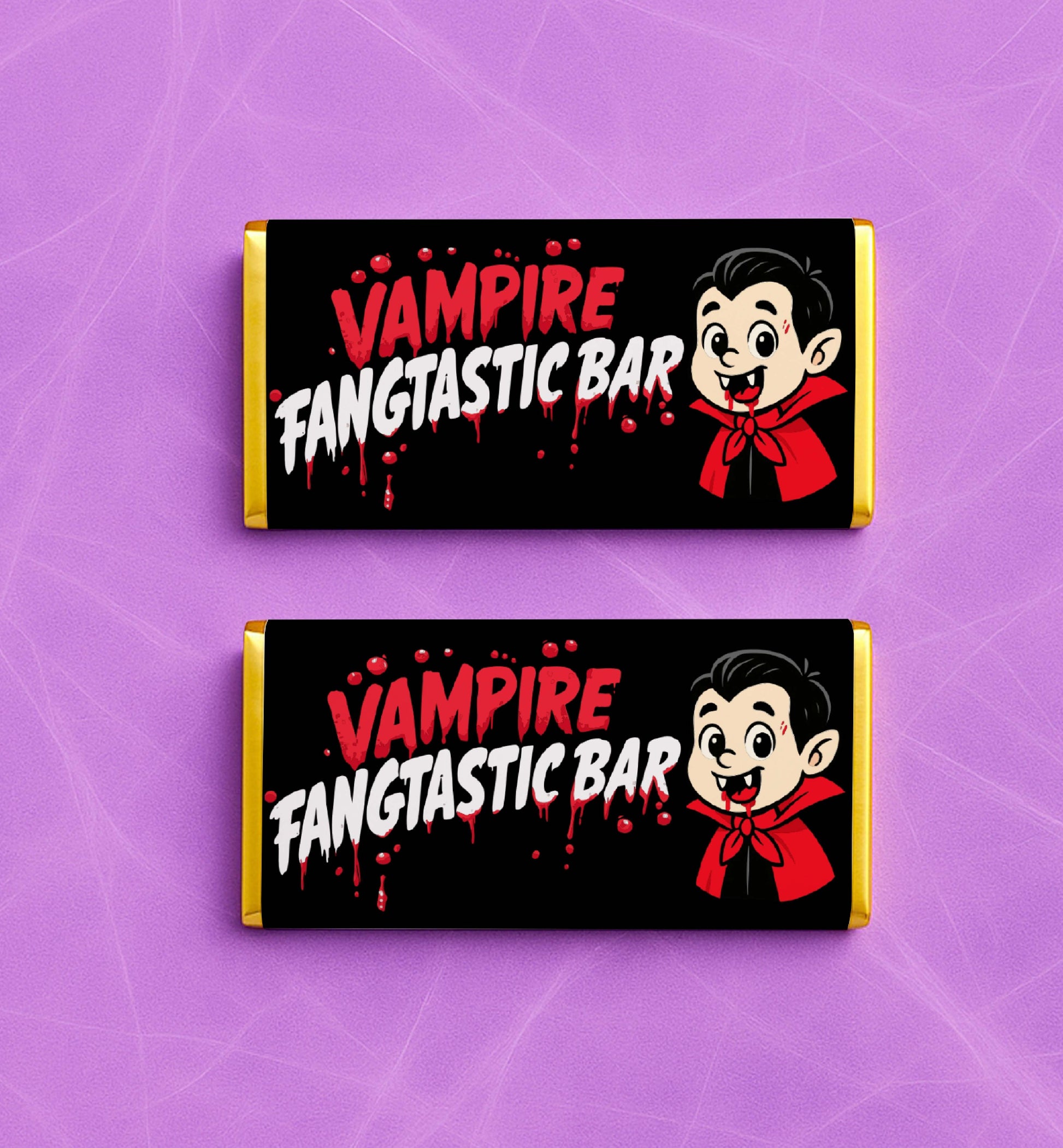 Two 'Vampire Fangtastic Bar' candy bars on a purple background. Printable Halloween Chocolate Wrapper, Vampire Chocolate Wrapper, Trick Or Treat Gift Tag, Classroom Halloween Gift, Kids Halloween