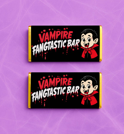 Two 'Vampire Fangtastic Bar' candy bars on a purple background. Printable Halloween Chocolate Wrapper, Vampire Chocolate Wrapper, Trick Or Treat Gift Tag, Classroom Halloween Gift, Kids Halloween
