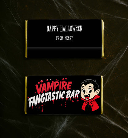 Halloween-themed candy bars with personalized text on a dark spider web background. Printable Halloween Chocolate Wrapper, Vampire Chocolate Wrapper, Trick Or Treat Gift Tag, Classroom Halloween Gift, Kids Halloween