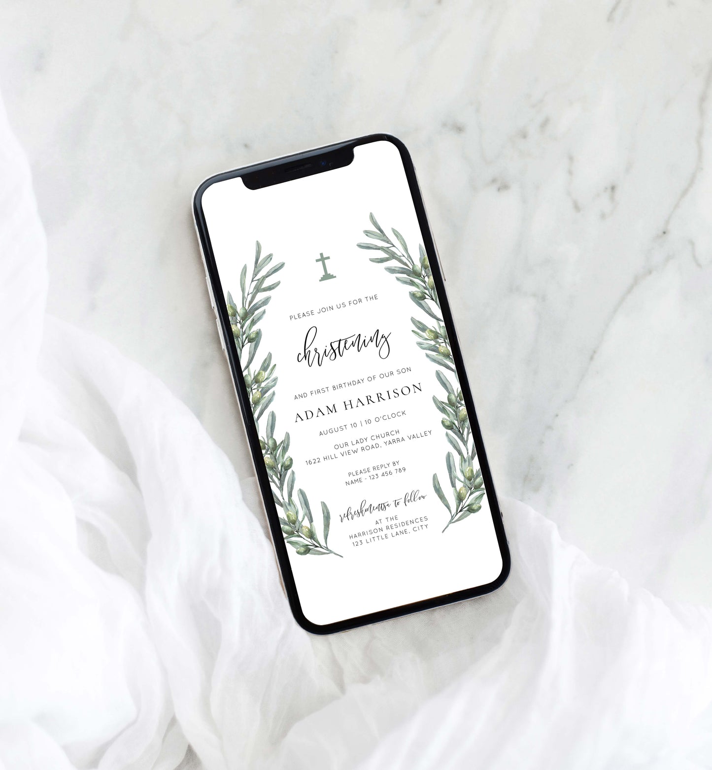 Digital Christening Smartphone Invitation, Text Message First Birthday Invitation Template, Evite, Italian Olive Leaves, Olive Grove