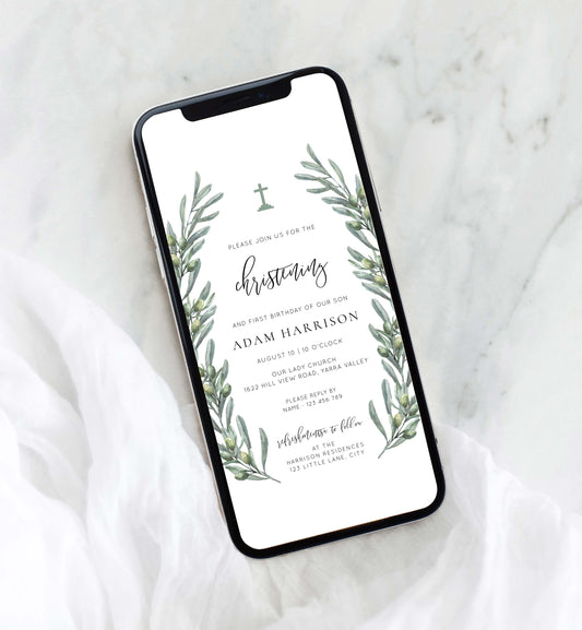 Digital Christening Smartphone Invitation, Text Message First Birthday Invitation Template, Evite, Italian Olive Leaves, Olive Grove