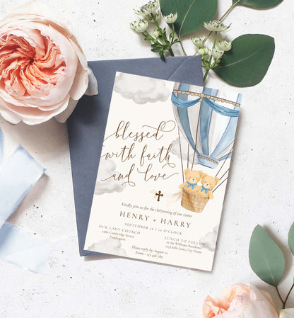 Twins Christening Printable Invitation Template: Blue Teddy Bear Hot Air Balloon, Boy Baptism
