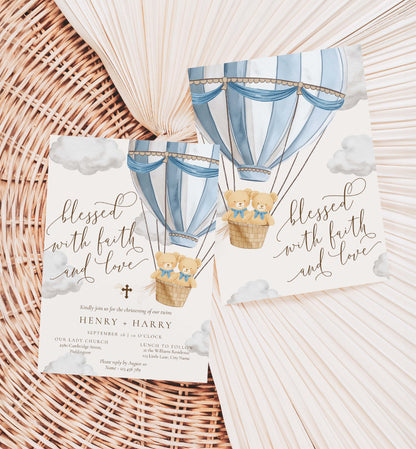 Two baby shower invitations with hot air balloon design on a woven surface. Twins Christening Printable Invitation Template: Blue Teddy Bear Hot Air Balloon, Boy Baptism