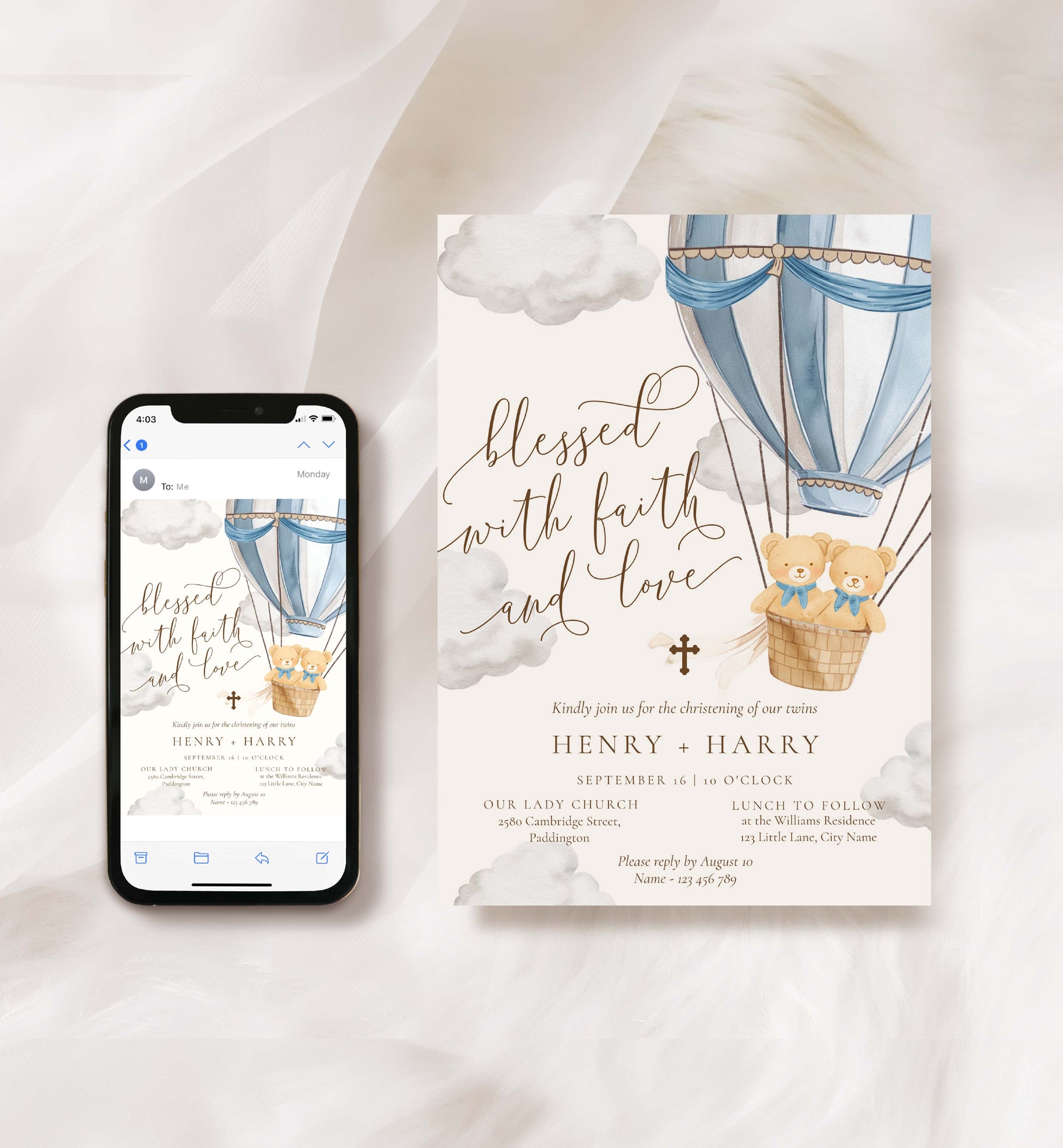 Invitation card with hot air balloons and teddy bears, next to a smartphone displaying the same design. Twins Christening Printable Invitation Template: Blue Teddy Bear Hot Air Balloon, Boy Baptism