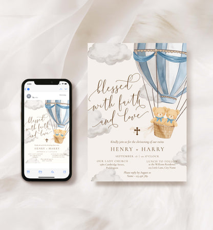 Invitation card with hot air balloons and teddy bears, next to a smartphone displaying the same design. Twins Christening Printable Invitation Template: Blue Teddy Bear Hot Air Balloon, Boy Baptism