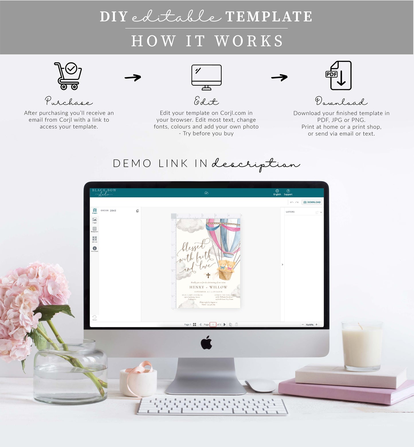 Bearly Pink Blue | Printable Christening Invitation Template